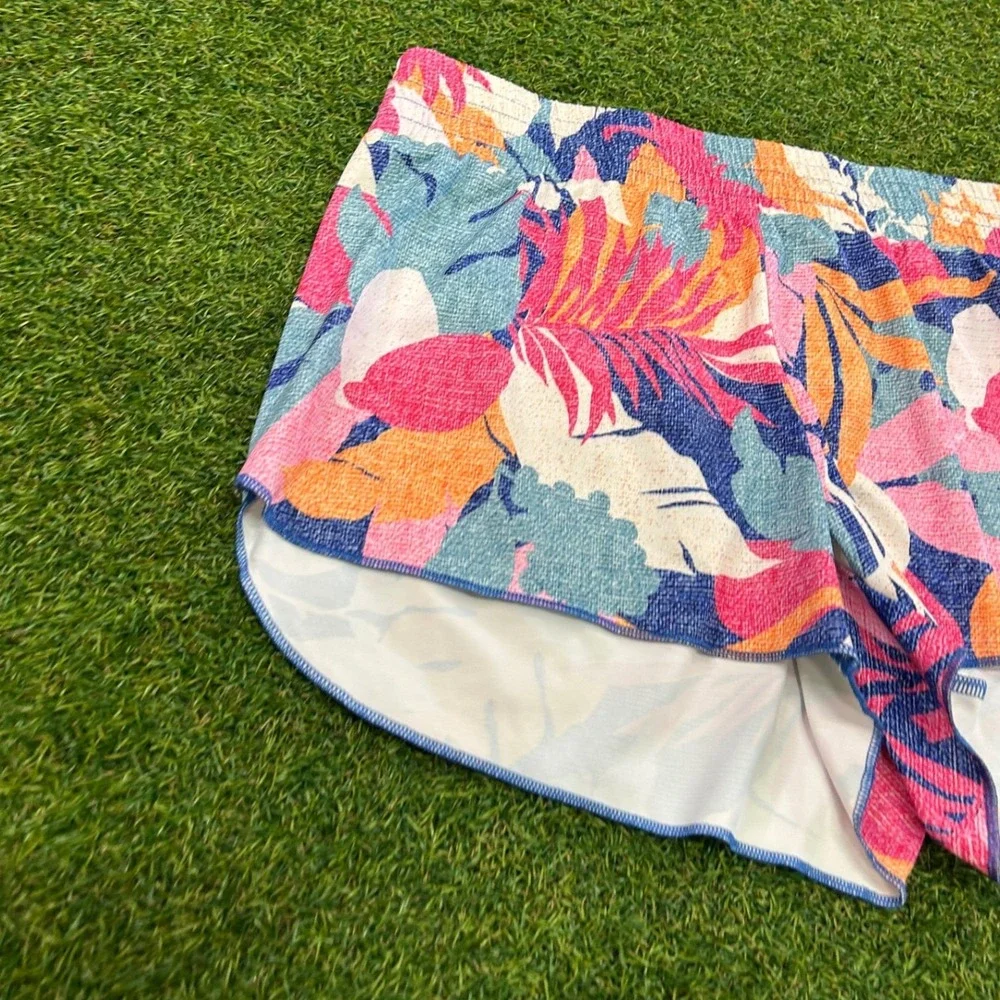 Speedo Womens Tropical Floral Board Shorts Pink Blue Smocked Waist Small